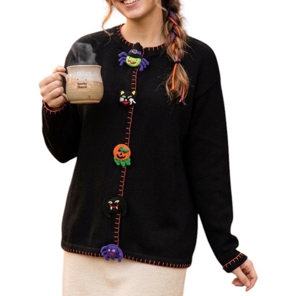 Lemon Grass Vintage XL Black Halloween Cardigan 3D Crochet Witch Cat Pumpkin Bat